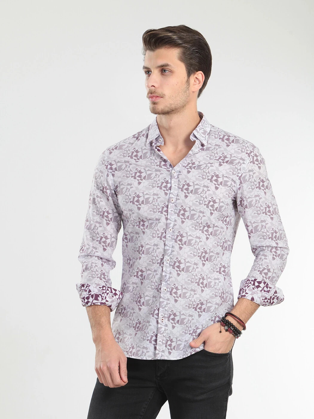 KİP - Mürdüm Baskılı Slim Fit Dokuma Casual %100 Pamuk Gömlek KİP - Mürdüm Baskılı Slim Fit Dokuma Casual %100 Pamuk Gömlek