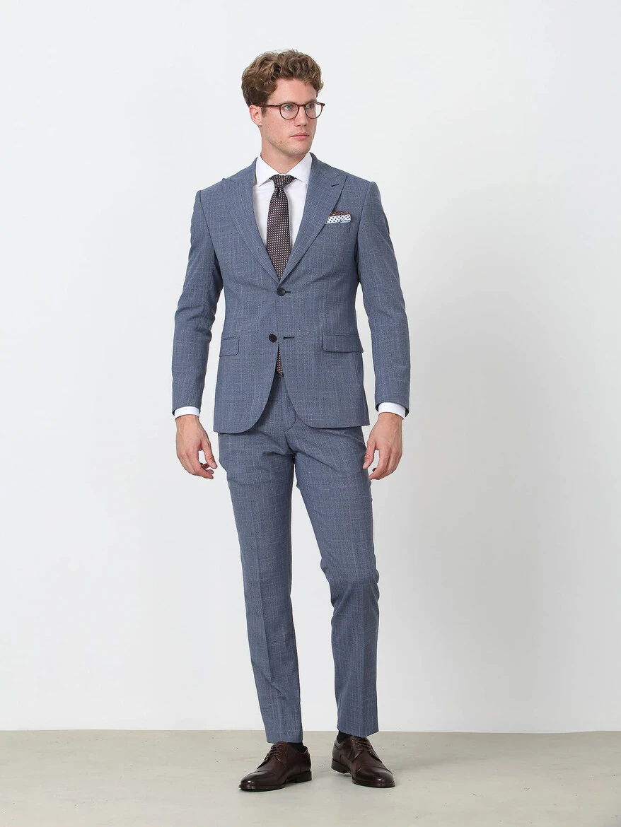 KİP - Mavi Desenli Slim Fit Yün Karışımlı Takım Elbise KİP - Mavi Desenli Slim Fit Yün Karışımlı Takım Elbise