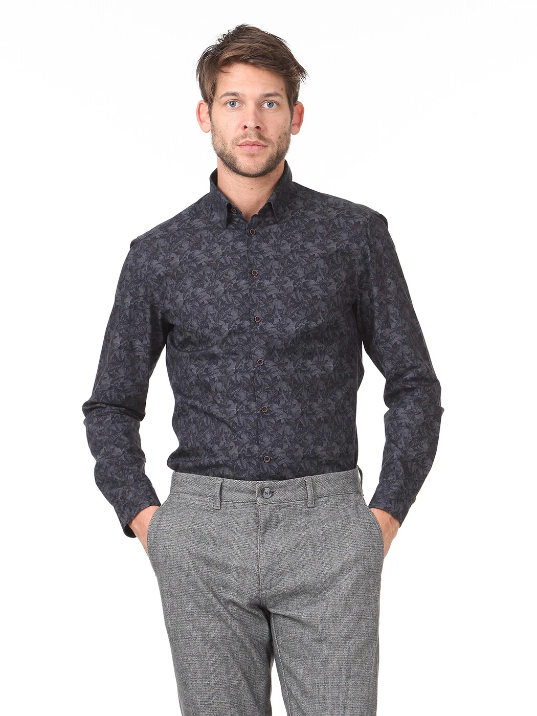 KİP - Antrasit Baskılı Slim Fit Dokuma Casual %100 Pamuk Gömlek KİP - Antrasit Baskılı Slim Fit Dokuma Casual %100 Pamuk Gömlek