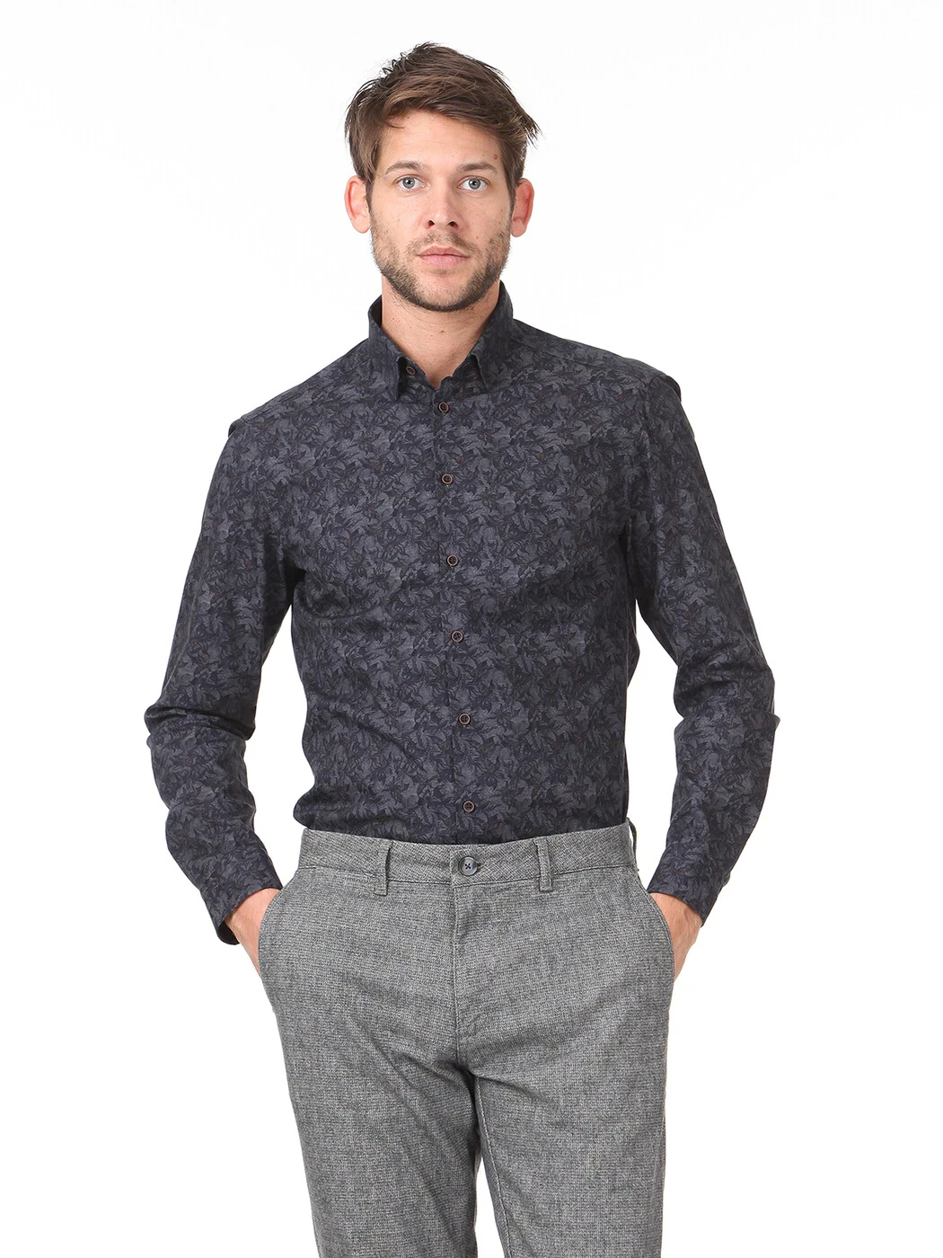 KİP - Antrasit Baskılı Slim Fit Dokuma Casual %100 Pamuk Gömlek KİP - Antrasit Baskılı Slim Fit Dokuma Casual %100 Pamuk Gömlek