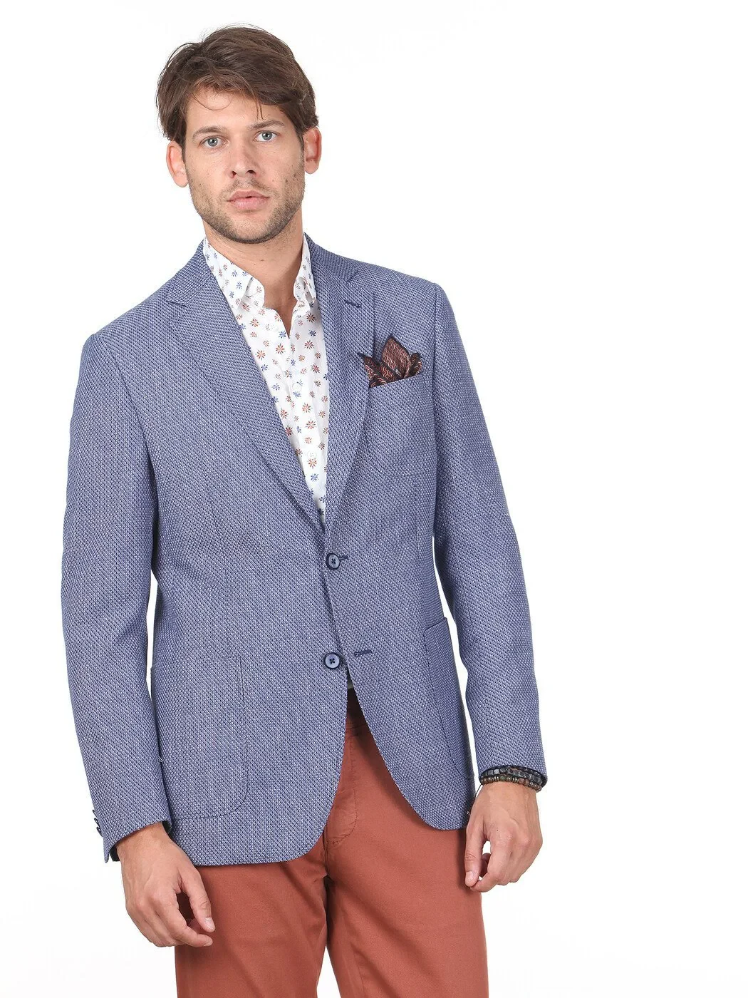 KİP - Mavi Desenli Modern Fit Keten Karışımlı Ceket KİP - Mavi Desenli Modern Fit Keten Karışımlı Ceket