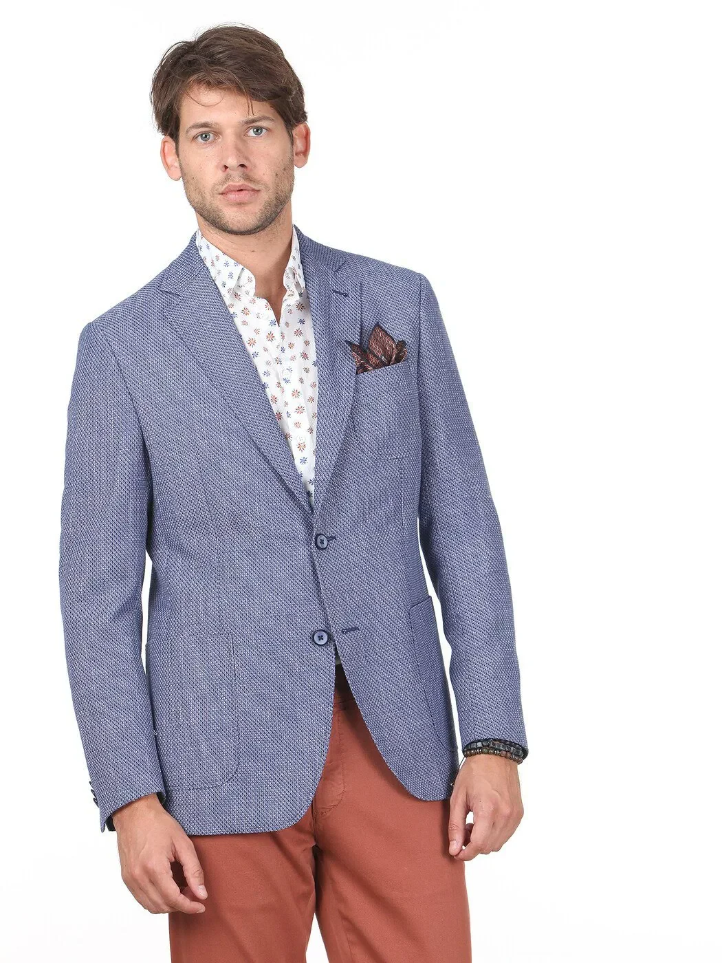 KİP - Mavi Desenli Modern Fit Keten Karışımlı Ceket KİP - Mavi Desenli Modern Fit Keten Karışımlı Ceket