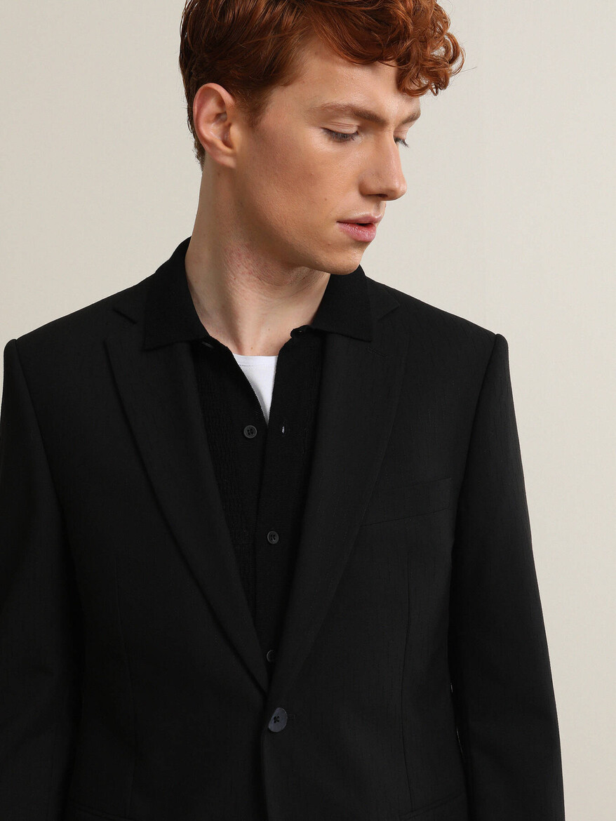 Siyah Çizgili Modern Fit Takım Elbise - Thumbnail