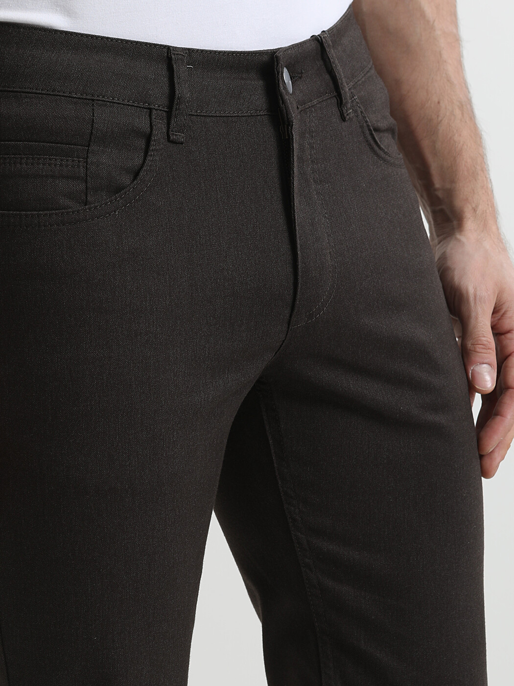 Kahverengi Düz Denim Regular Fit Casual Pamuk Karışımlı Pantolon - Thumbnail