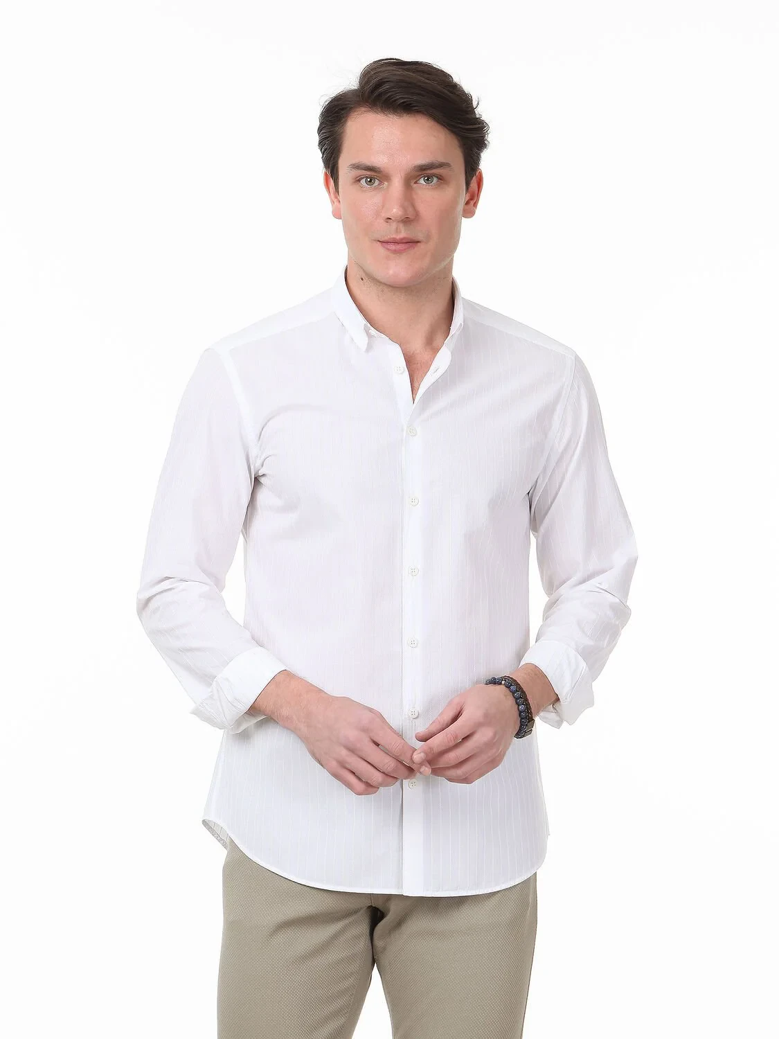 Açık Bej Çizgili Slim Fit Dokuma Casual %100 Pamuk Gömlek - 1