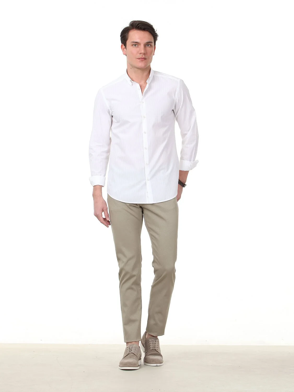 Açık Bej Çizgili Slim Fit Dokuma Casual %100 Pamuk Gömlek - 2