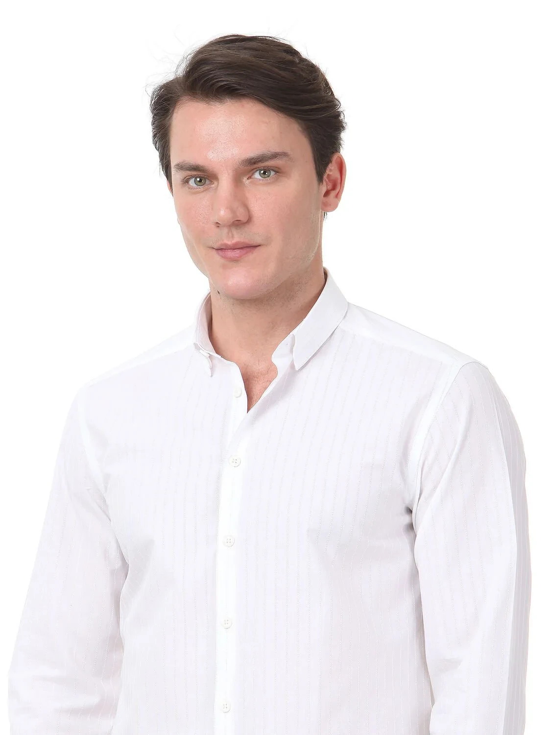 Açık Bej Çizgili Slim Fit Dokuma Casual %100 Pamuk Gömlek - 3