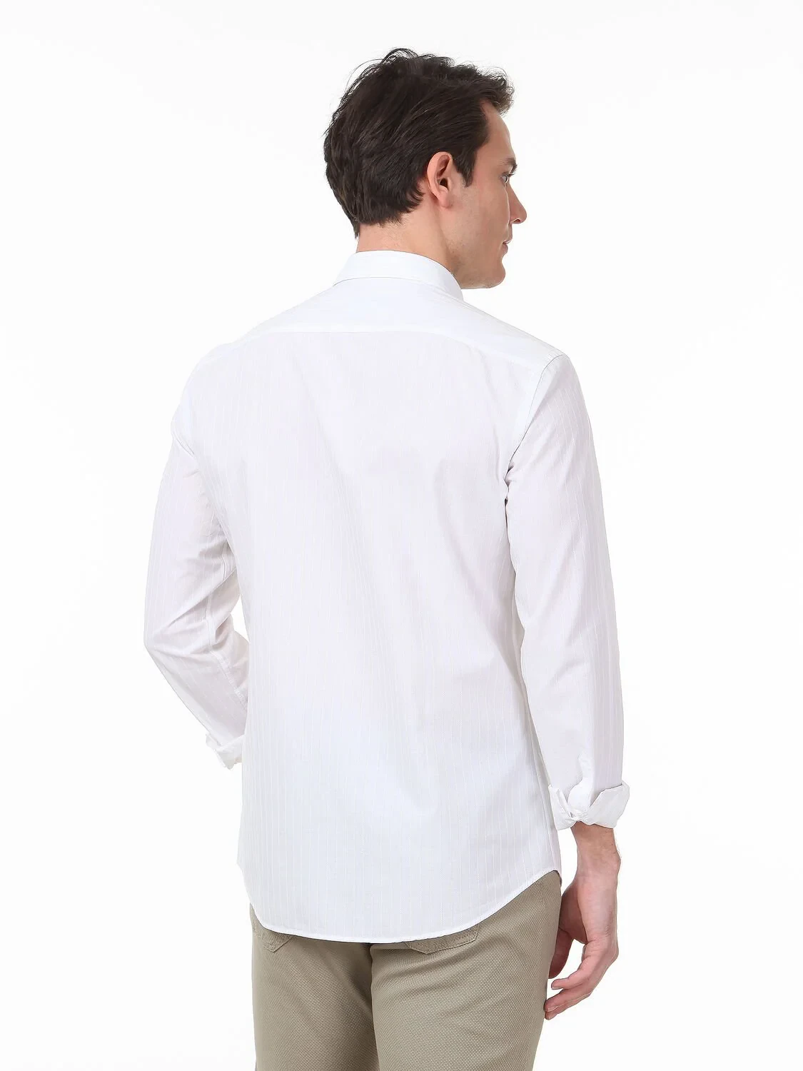 Açık Bej Çizgili Slim Fit Dokuma Casual %100 Pamuk Gömlek - 4