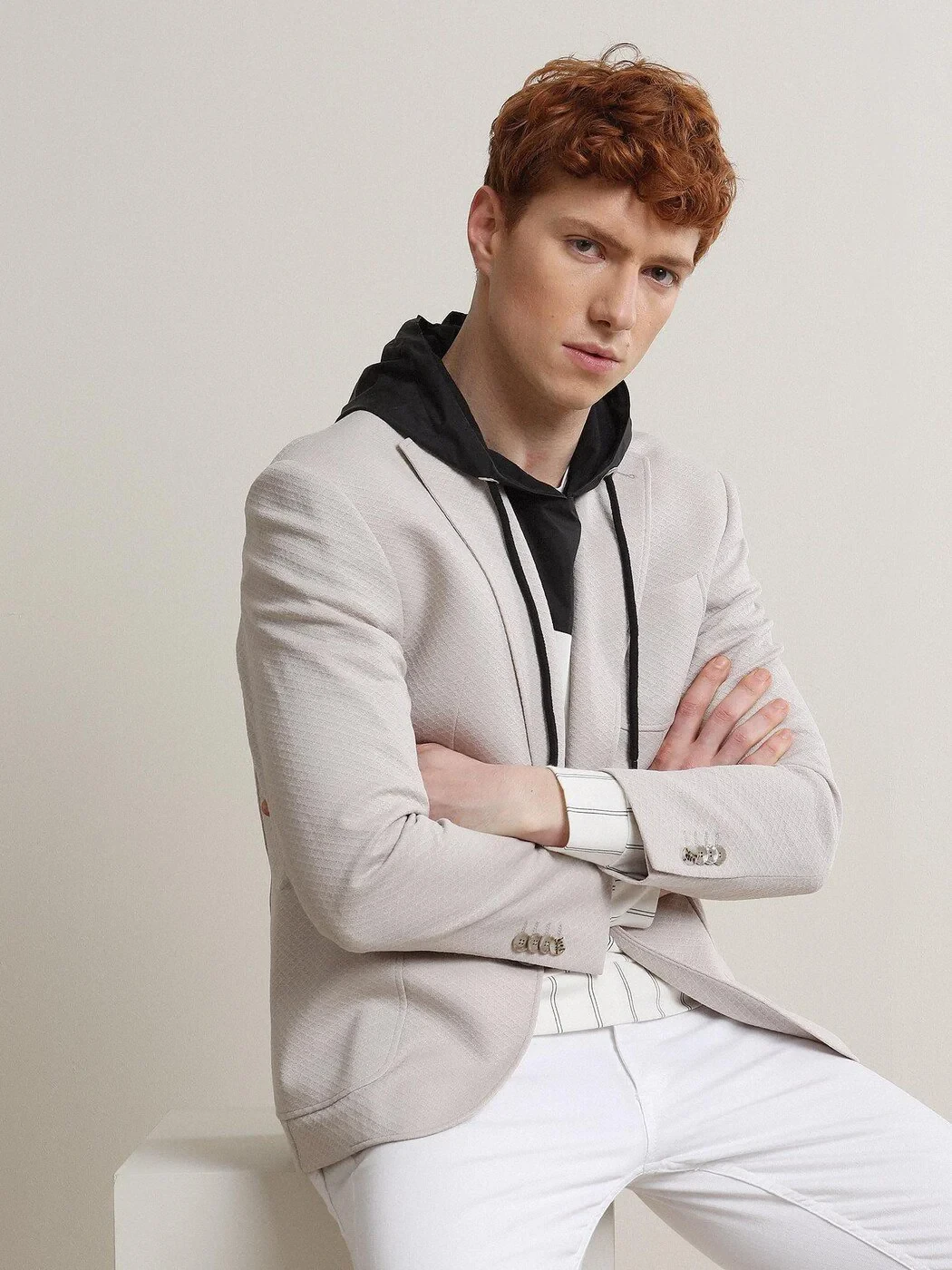 Açık Bej Desenli Modern Fit Örme Ceket - 3