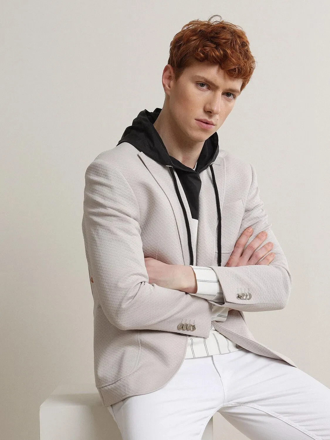 Açık Bej Desenli Modern Fit Örme Ceket - 3