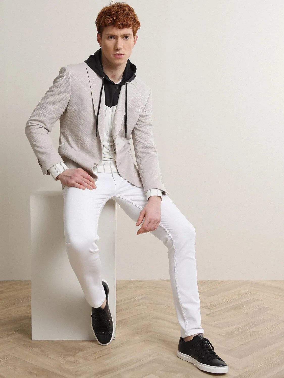 Açık Bej Desenli Modern Fit Örme Ceket - 4