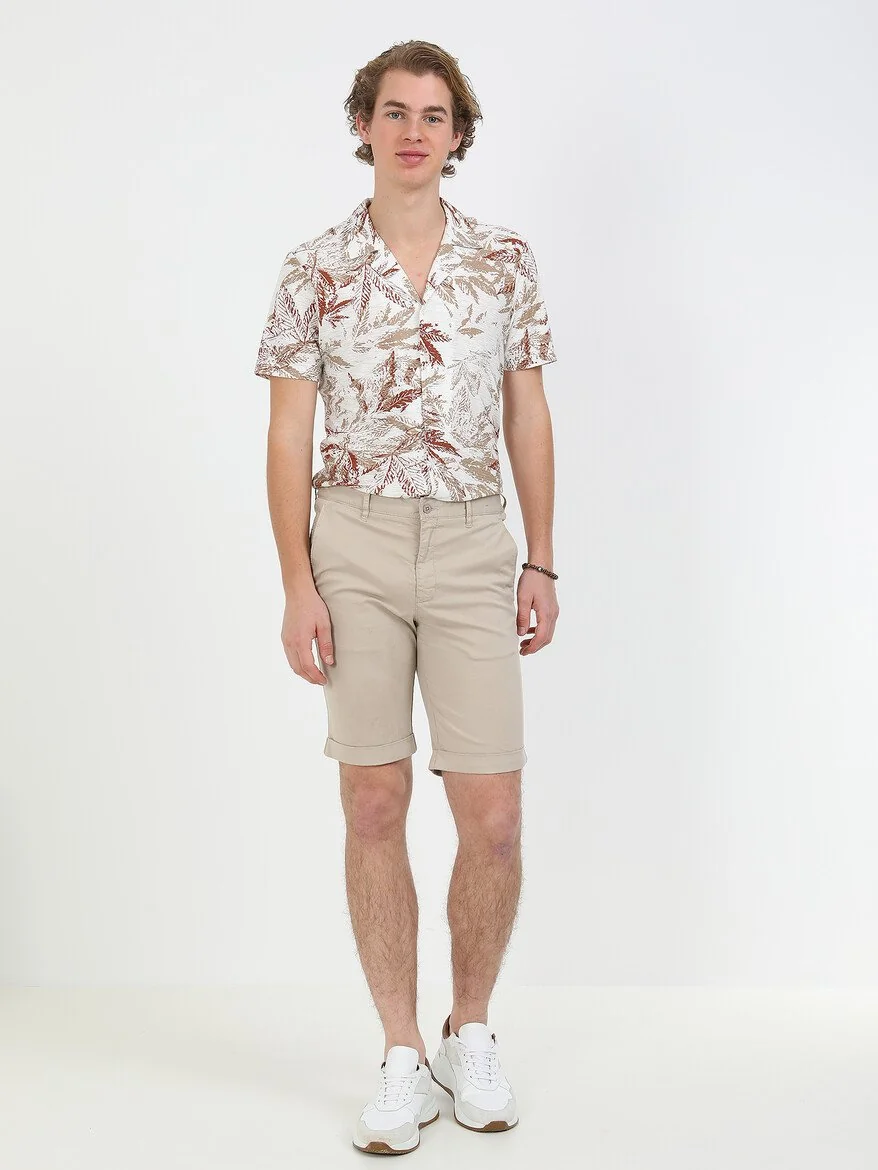 Açık Bej Düz Dokuma Slim Fit Casual Pamuk Karışımlı Bermuda - 2