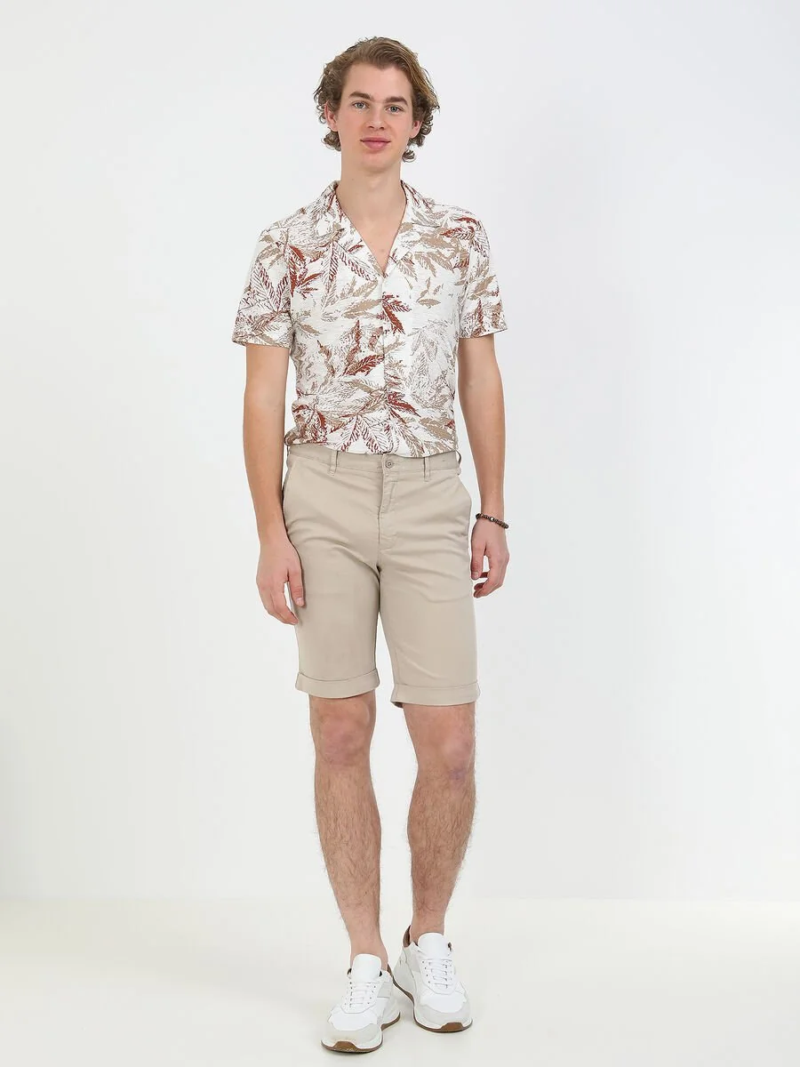 Açık Bej Düz Dokuma Slim Fit Casual Pamuk Karışımlı Bermuda - 2