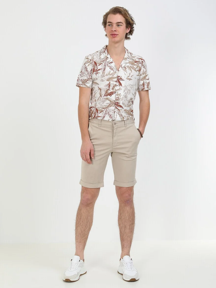 Açık Bej Düz Dokuma Slim Fit Casual Pamuk Karışımlı Bermuda - 3