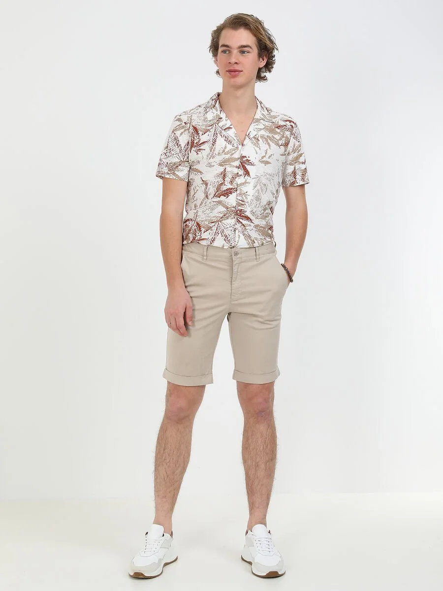 Açık Bej Düz Dokuma Slim Fit Casual Pamuk Karışımlı Bermuda - 3