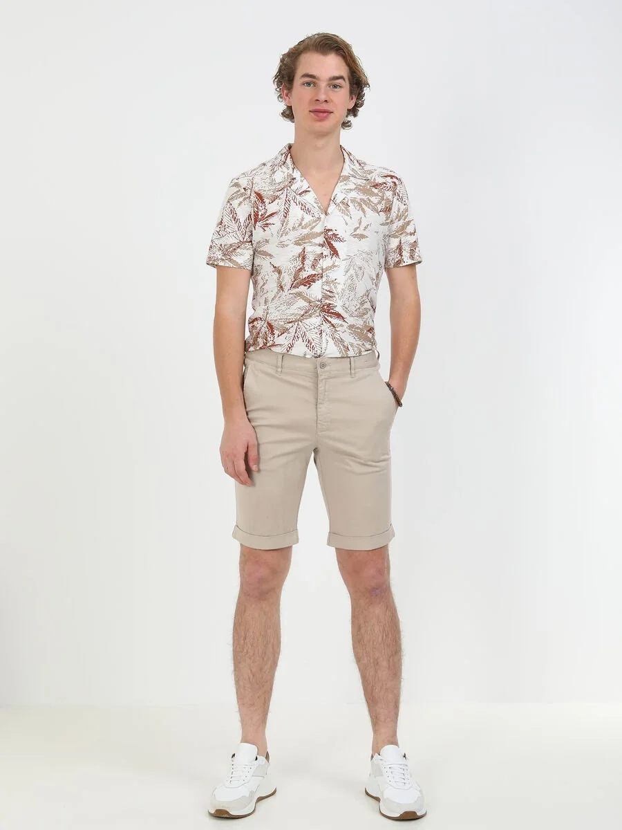 Açık Bej Düz Dokuma Slim Fit Casual Pamuk Karışımlı Bermuda - 5