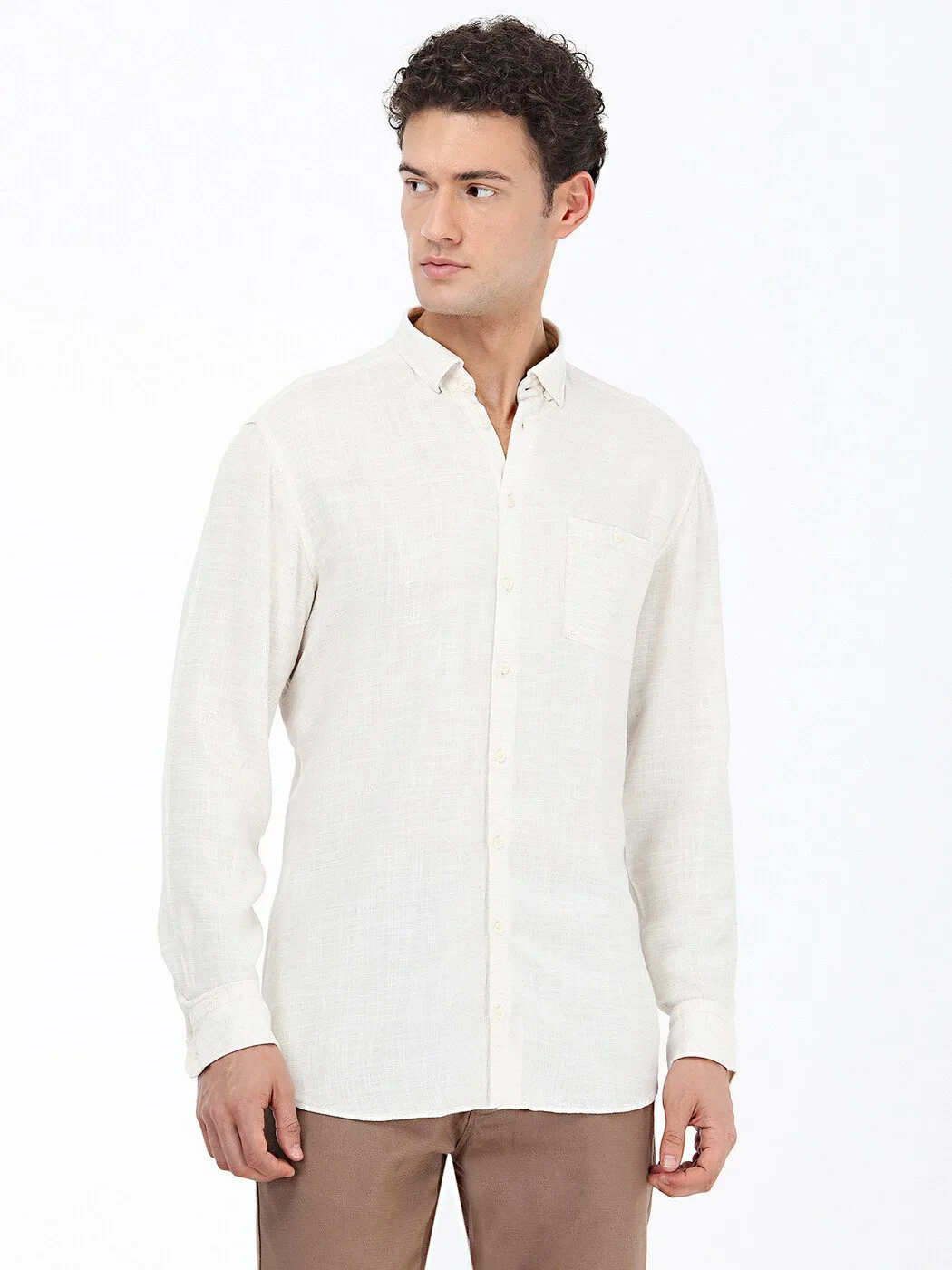 Açık Bej Düz Regular Fit Dokuma Casual Keten Karışımlı Gömlek - 1
