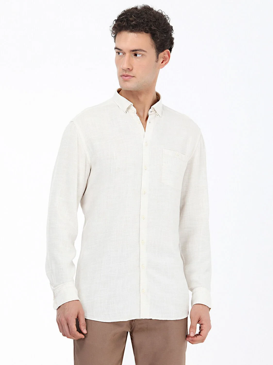 Açık Bej Düz Regular Fit Dokuma Casual Keten Karışımlı Gömlek - 1