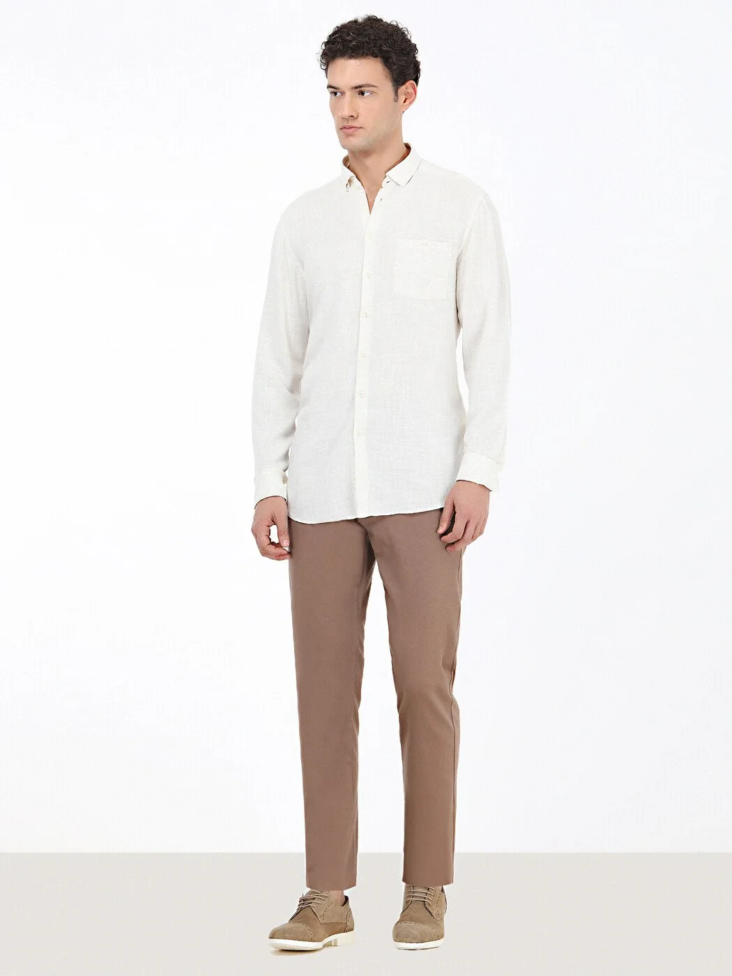Açık Bej Düz Regular Fit Dokuma Casual Keten Karışımlı Gömlek - 2