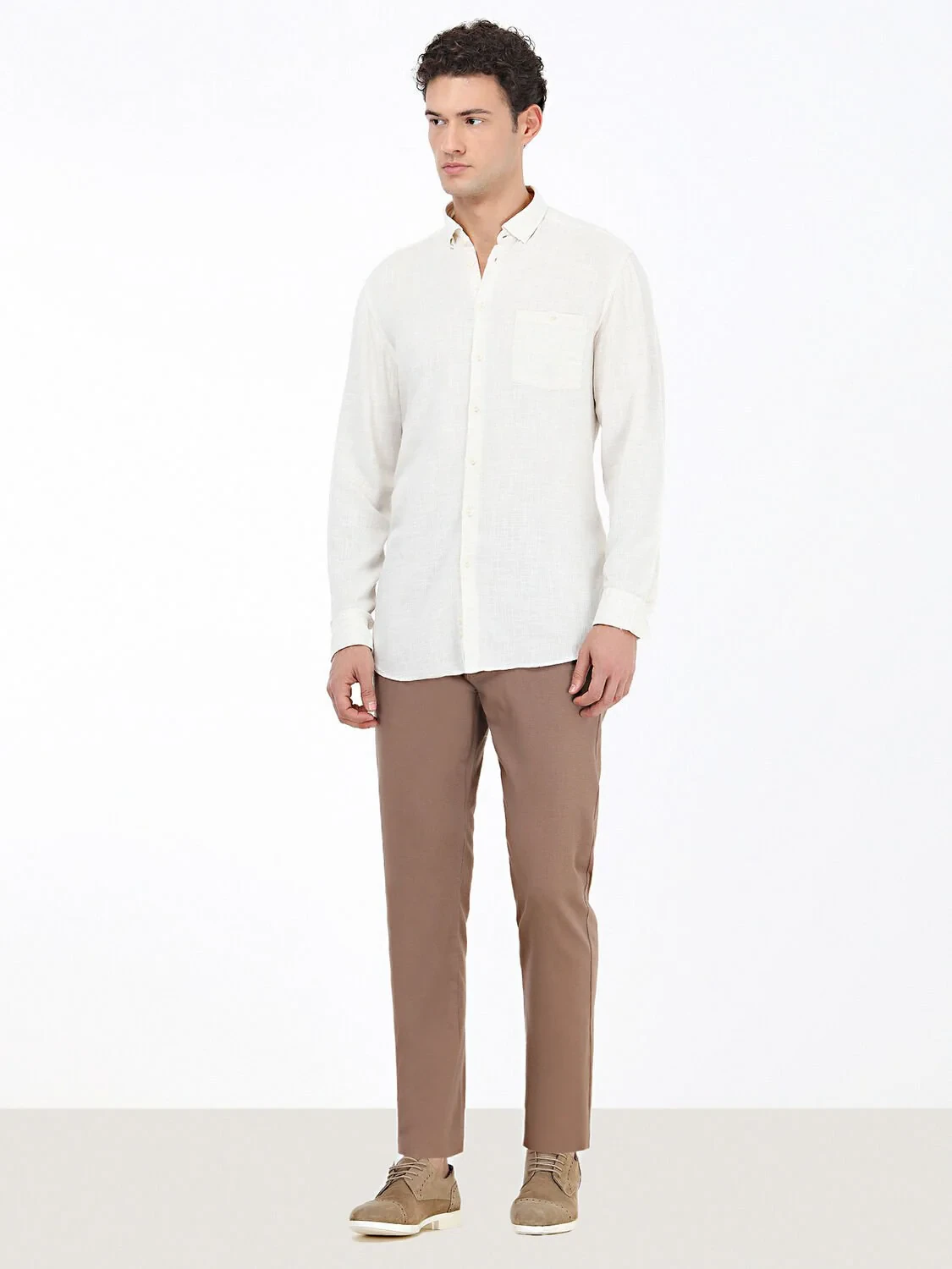 Açık Bej Düz Regular Fit Dokuma Casual Keten Karışımlı Gömlek - 2