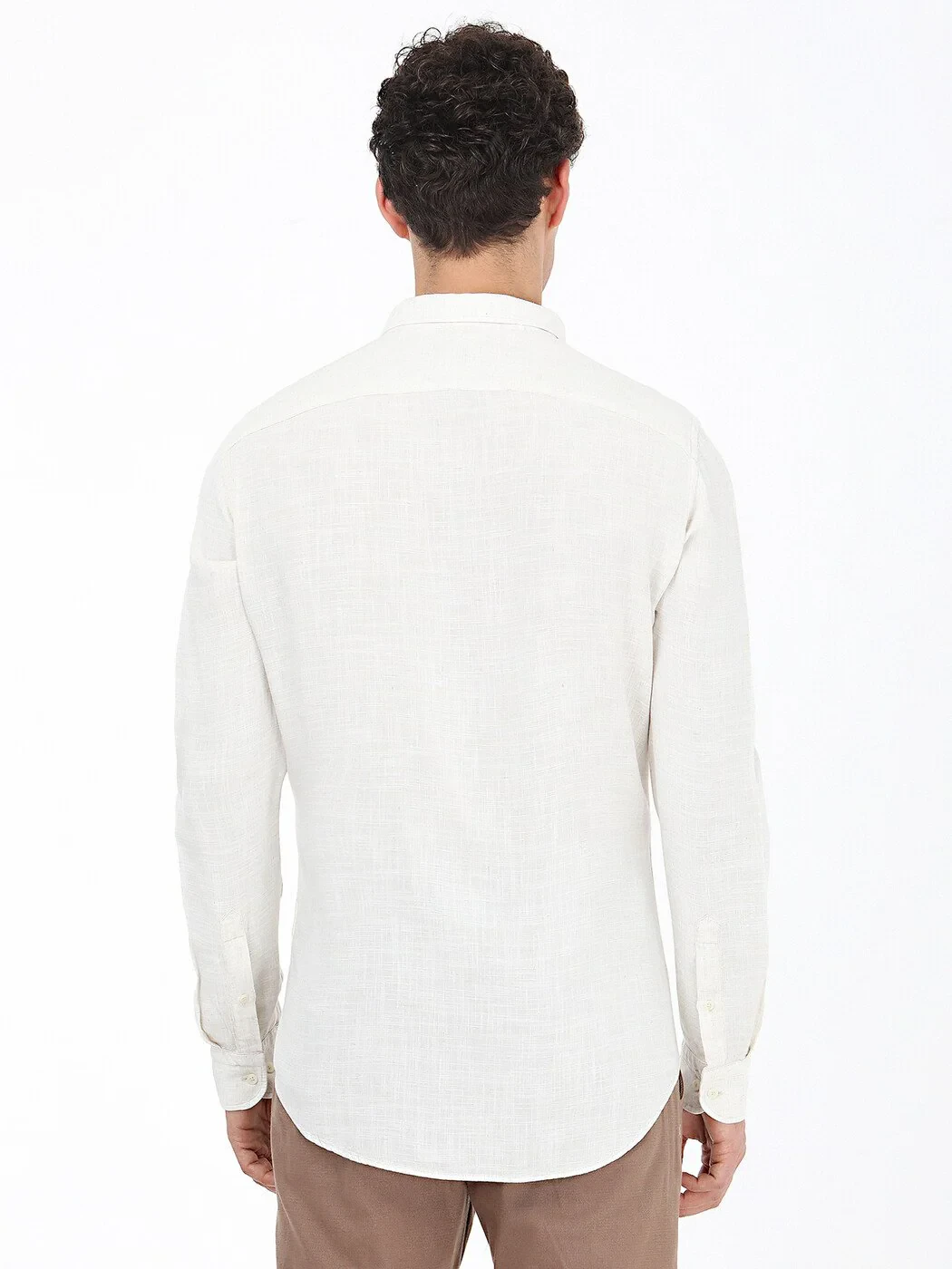 Açık Bej Düz Regular Fit Dokuma Casual Keten Karışımlı Gömlek - 4