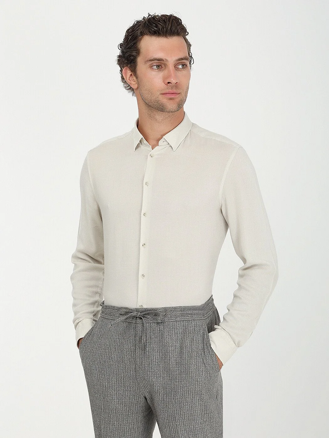 Açık Bej Regular Fit Dokuma Casual Yün Karışımlı Gömlek - 2