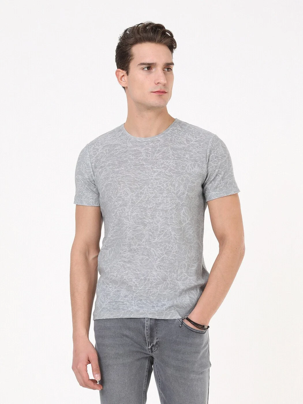 Açık Gri Baskılı Bisiklet Yaka Pamuk Karışımlı T-Shirt - 1