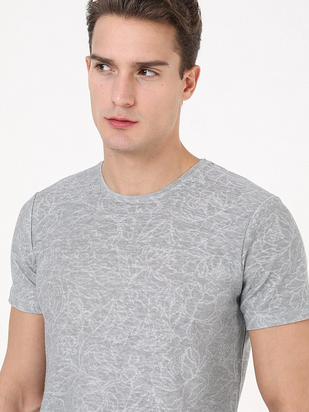 Açık Gri Baskılı Bisiklet Yaka Pamuk Karışımlı T-Shirt - 2
