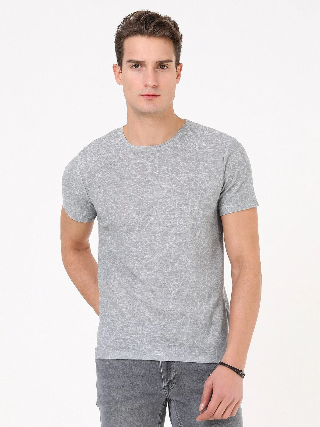 Açık Gri Baskılı Bisiklet Yaka Pamuk Karışımlı T-Shirt - 3