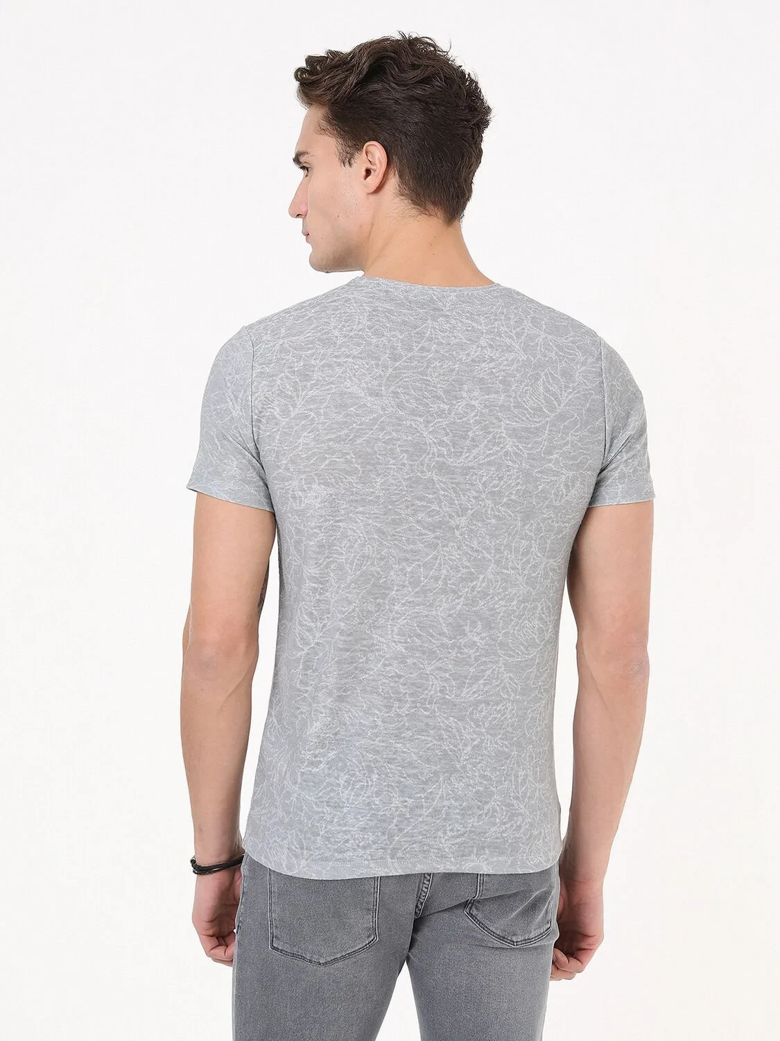 Açık Gri Baskılı Bisiklet Yaka Pamuk Karışımlı T-Shirt - 5