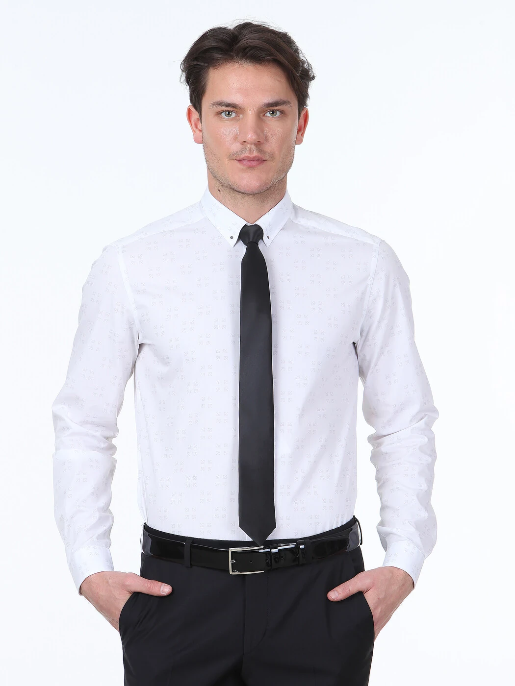 Açık Gri Baskılı Slim Fit Dokuma Casual %100 Pamuk Gömlek - 1