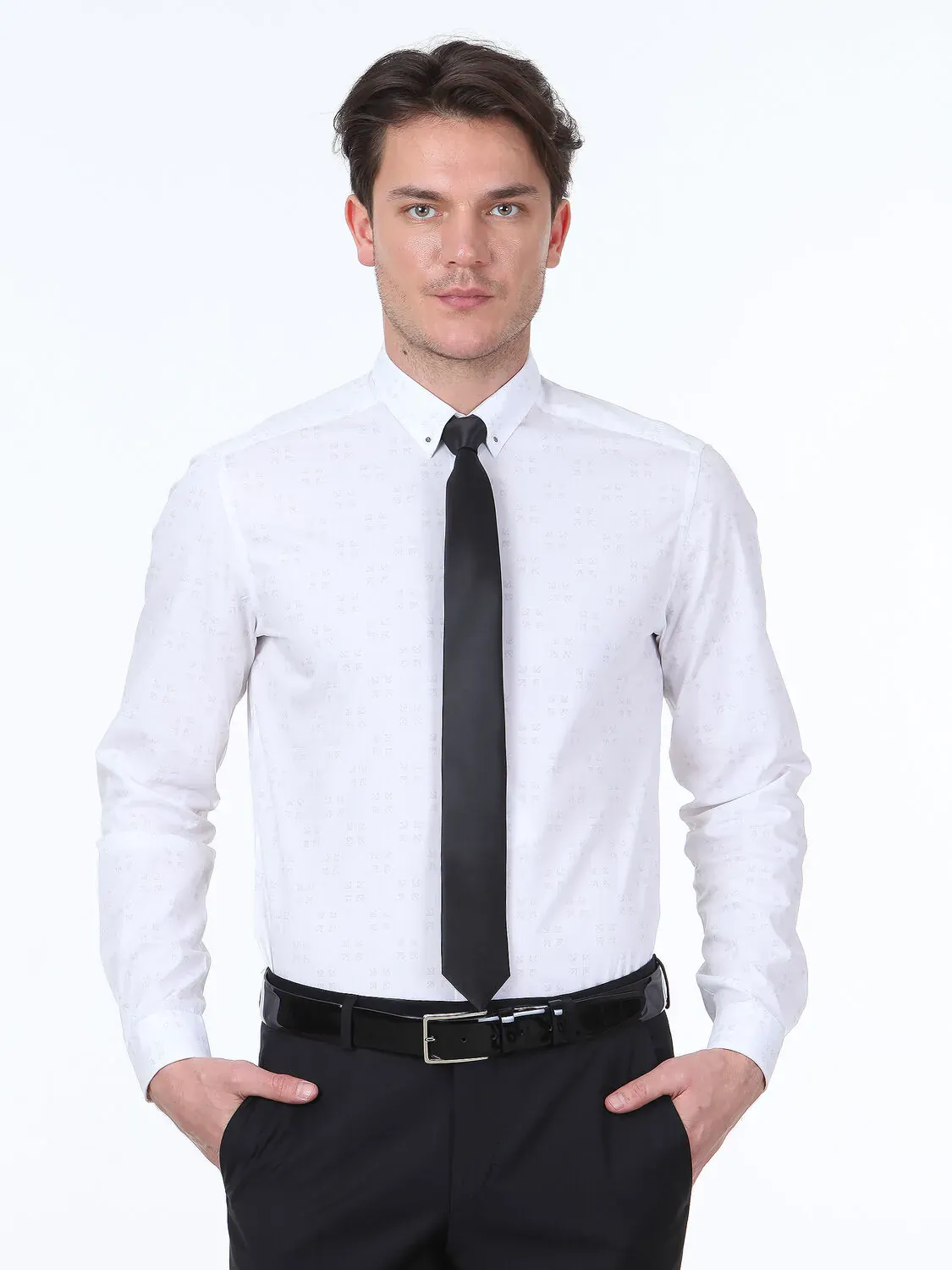 Açık Gri Baskılı Slim Fit Dokuma Casual %100 Pamuk Gömlek - 1