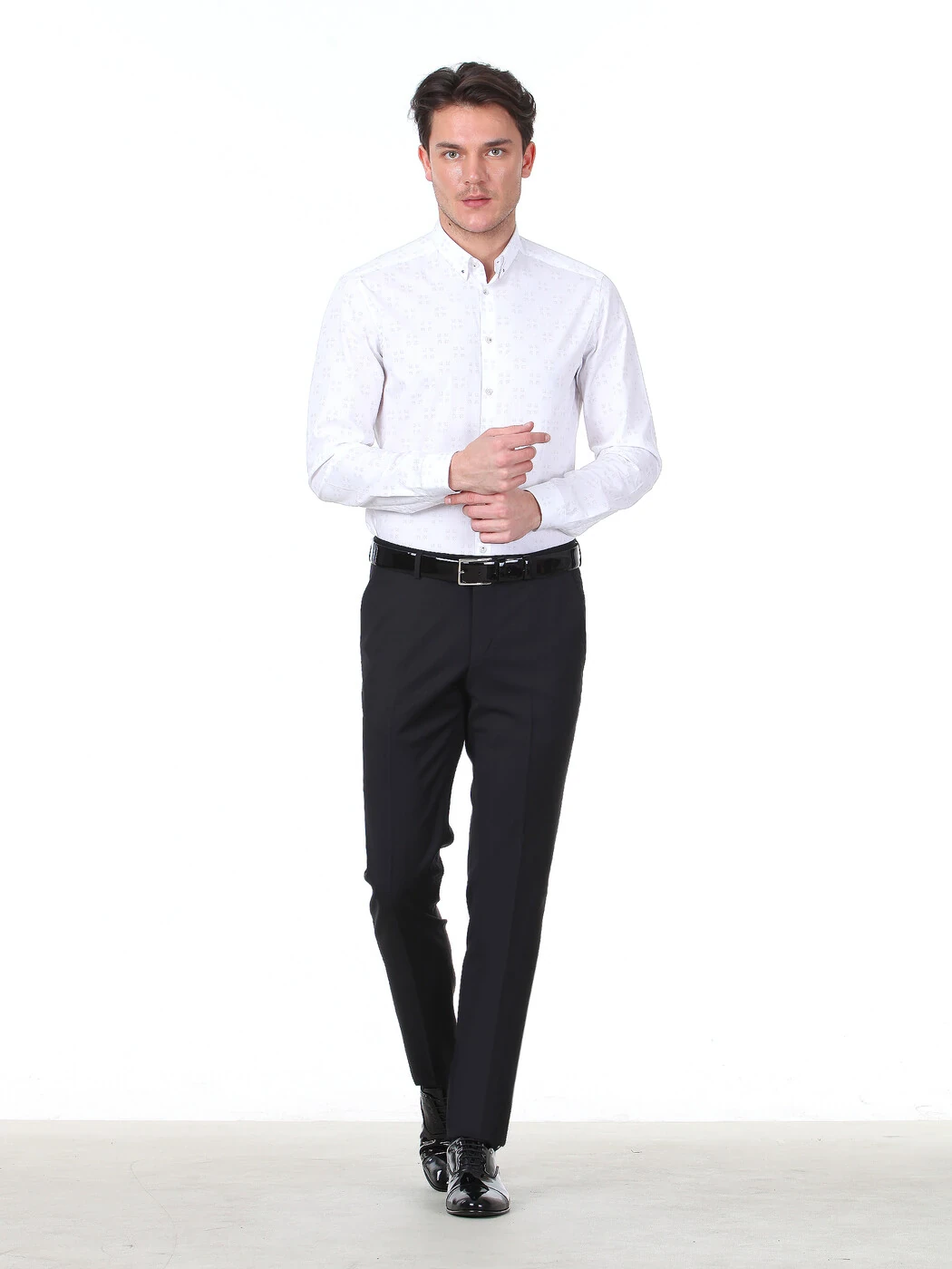 Açık Gri Baskılı Slim Fit Dokuma Casual %100 Pamuk Gömlek - 2