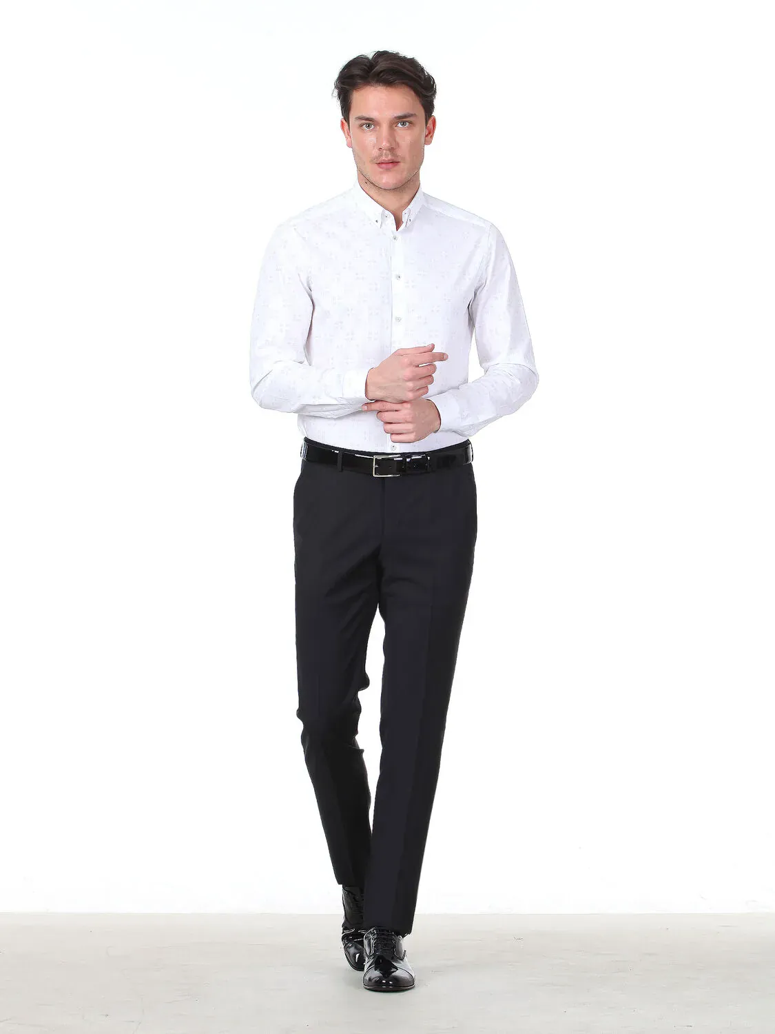 Açık Gri Baskılı Slim Fit Dokuma Casual %100 Pamuk Gömlek - 2