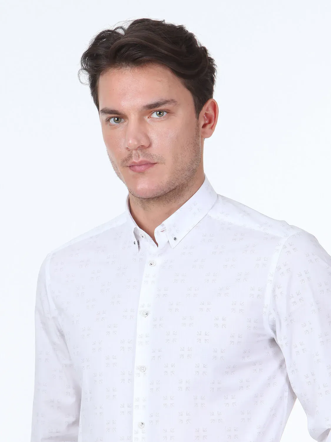 Açık Gri Baskılı Slim Fit Dokuma Casual %100 Pamuk Gömlek - 3