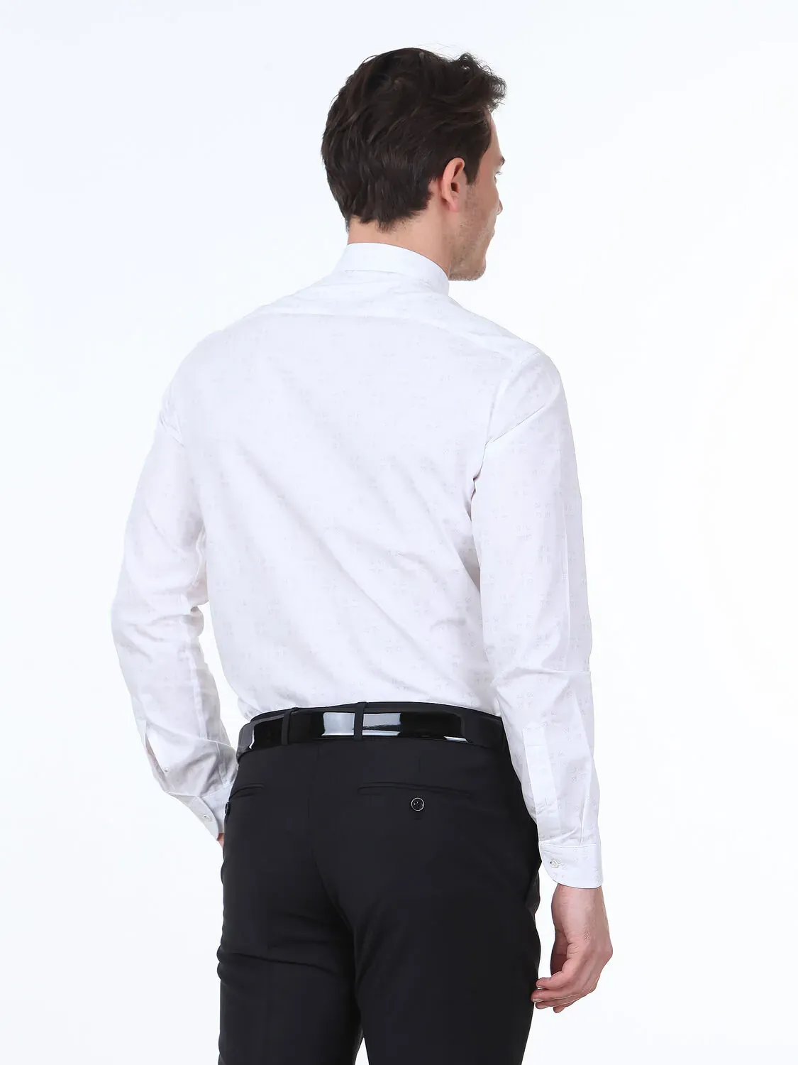 Açık Gri Baskılı Slim Fit Dokuma Casual %100 Pamuk Gömlek - 4