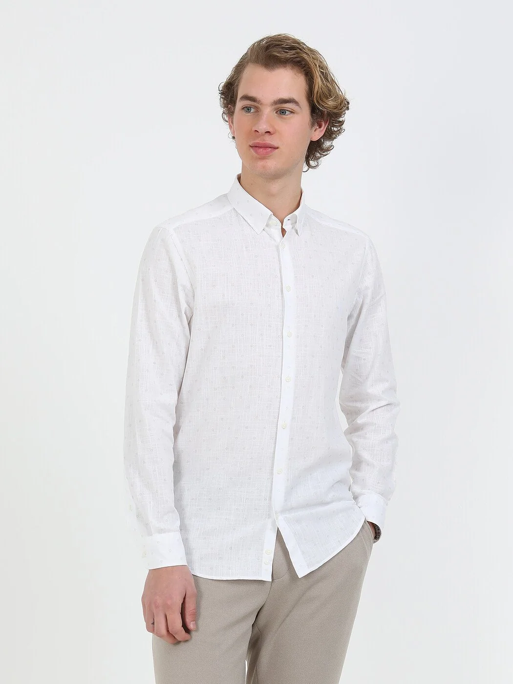 Açık Gri Desenli Regular Fit Dokuma Casual %100 Pamuk Gömlek - 2