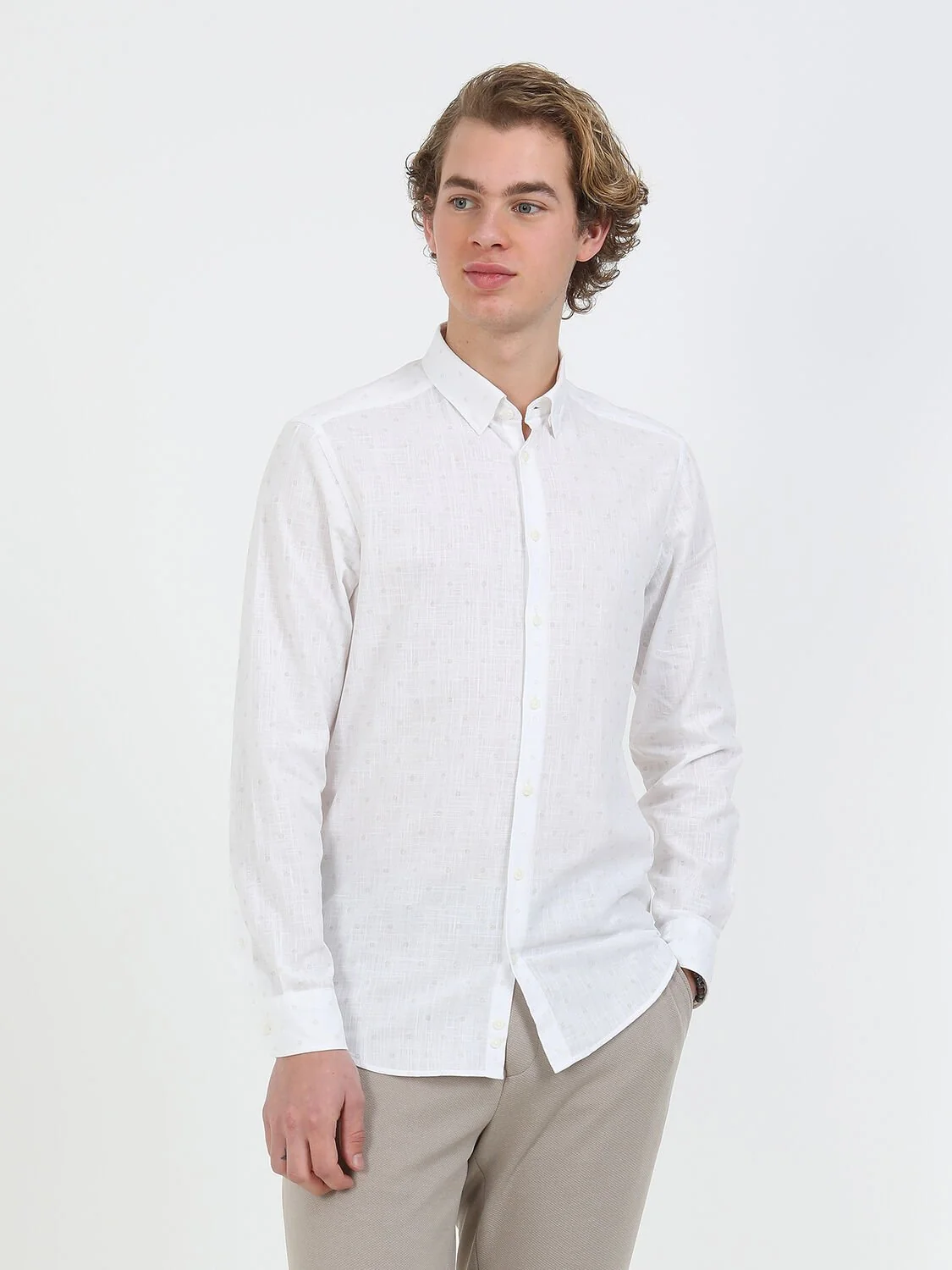 Açık Gri Desenli Regular Fit Dokuma Casual %100 Pamuk Gömlek - 2
