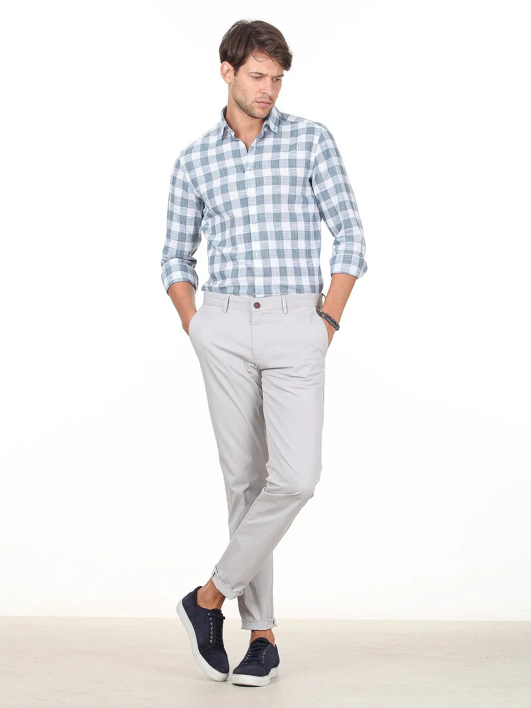 Açık Gri Düz Dokuma Regular Fit Casual Pamuk Karışımlı Pantolon - 1