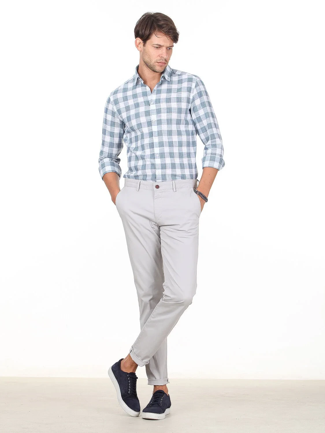 Açık Gri Düz Dokuma Regular Fit Casual Pamuk Karışımlı Pantolon - 1