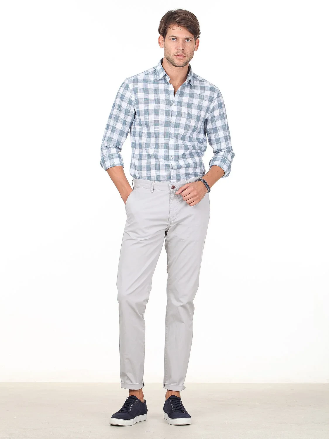 Açık Gri Düz Dokuma Regular Fit Casual Pamuk Karışımlı Pantolon - 2