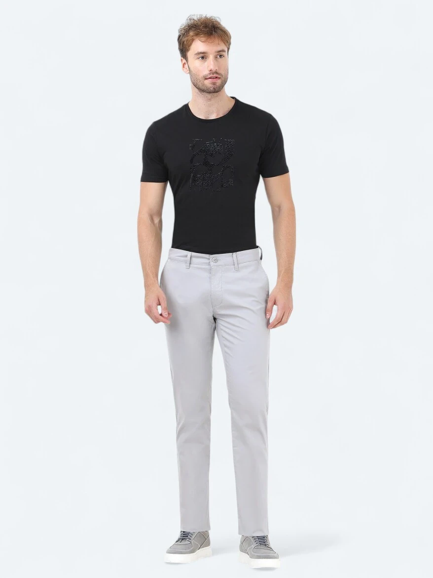 Açık Gri Düz Dokuma Slim Fit Casual Pamuk Karışımlı Pantolon 