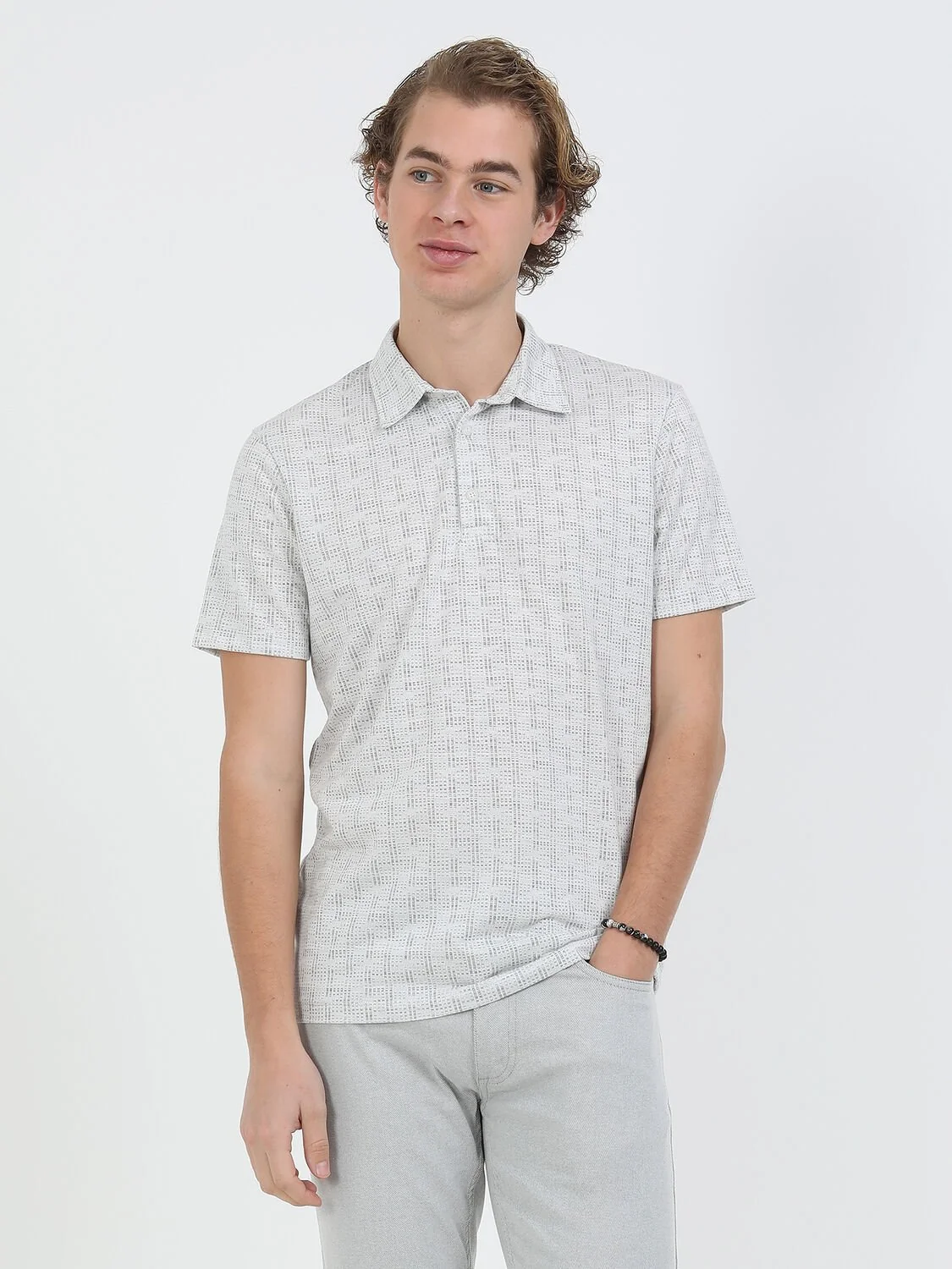 Açık Gri Jakarlı Polo Yaka T-Shirt - 1