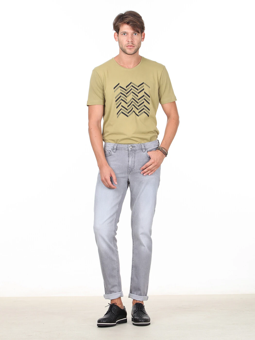 Açık Gri Slim Fit Denim Pamuk Karışımlı Pantolon - 1