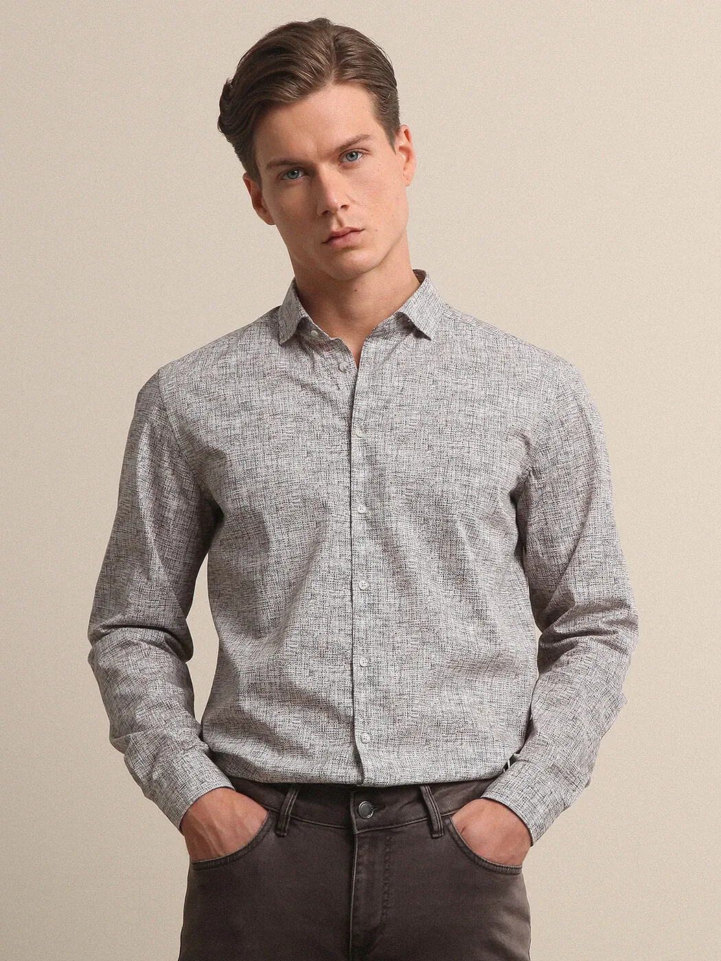 Açık Haki Baskılı Regular Fit Dokuma Casual %100 Pamuk Gömlek - 1