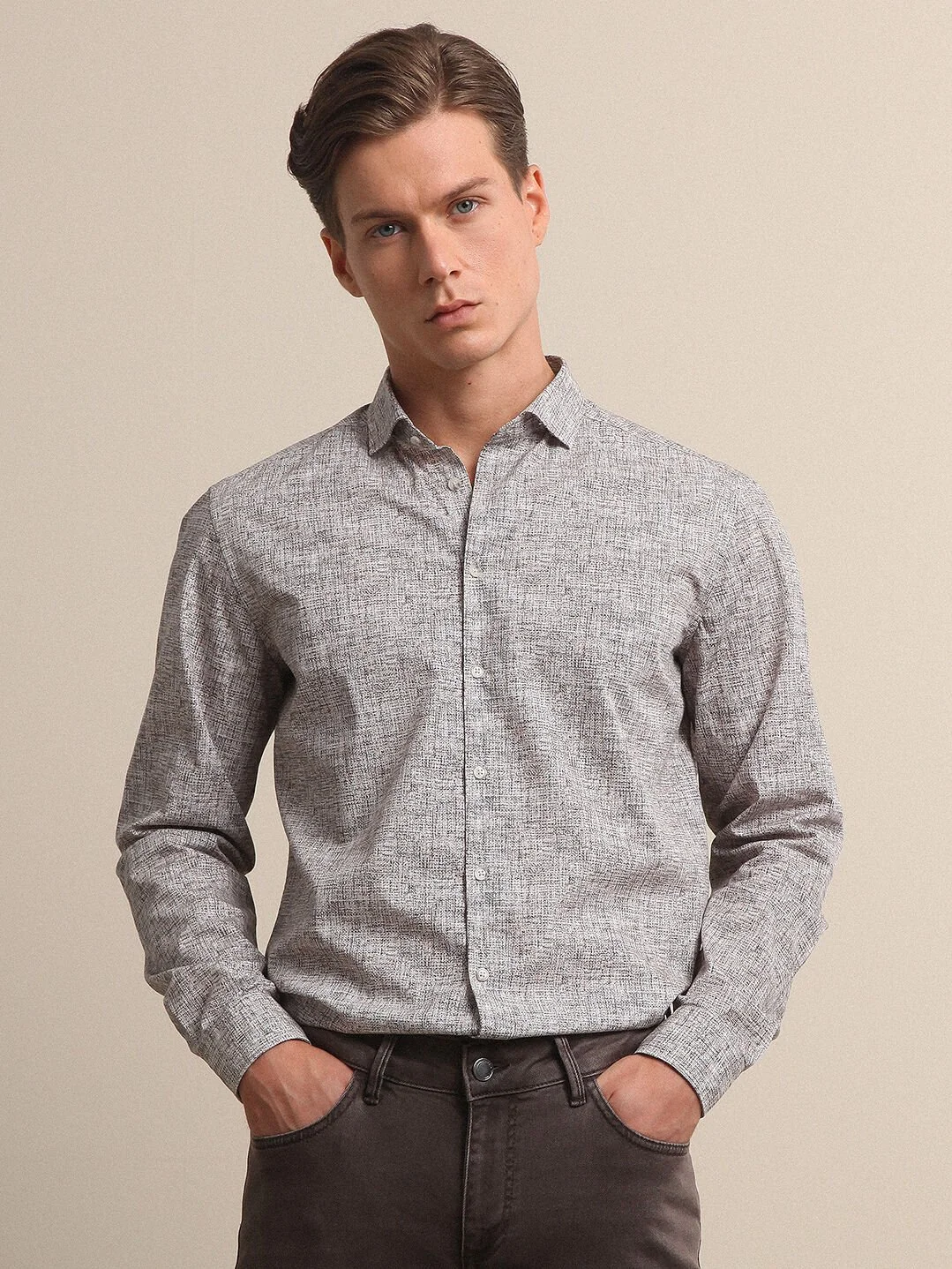 Açık Haki Baskılı Regular Fit Dokuma Casual %100 Pamuk Gömlek - 1