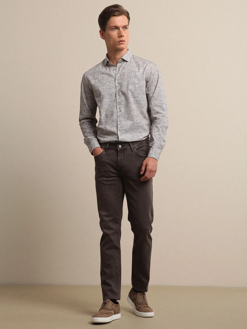 Açık Haki Baskılı Regular Fit Dokuma Casual %100 Pamuk Gömlek - 3