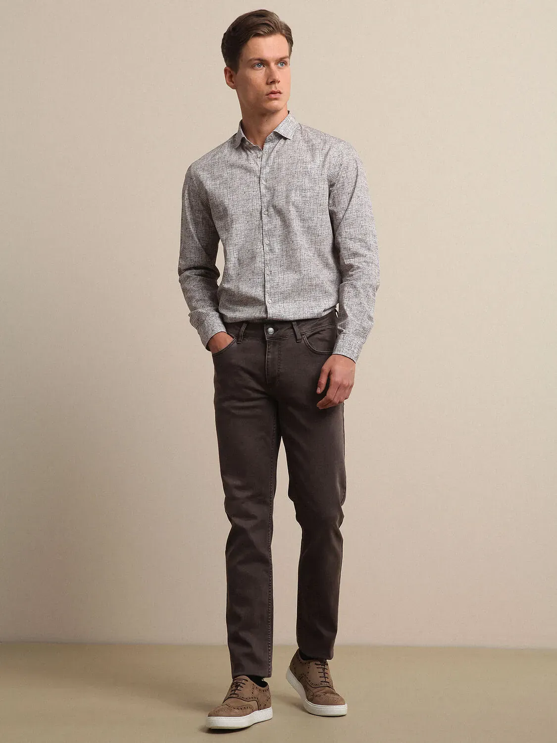 Açık Haki Baskılı Regular Fit Dokuma Casual %100 Pamuk Gömlek - 3