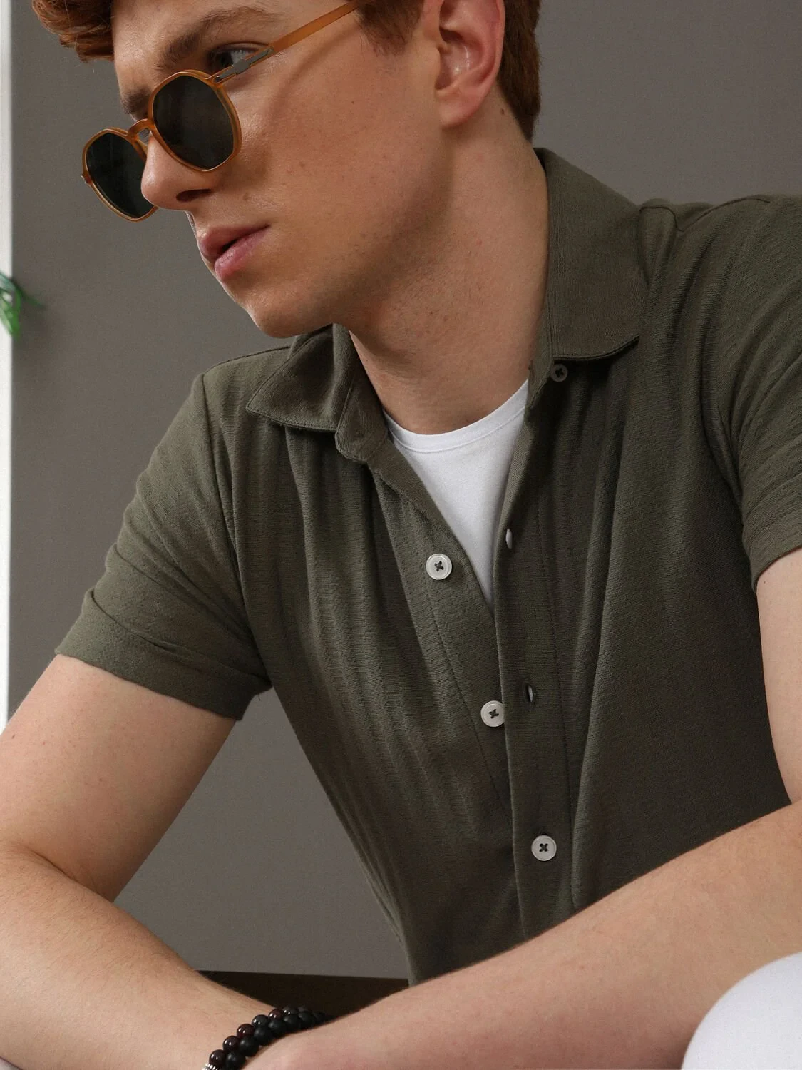 Açık Haki Desenli Regular Fit Casual %100 Pamuk Gömlek - 1