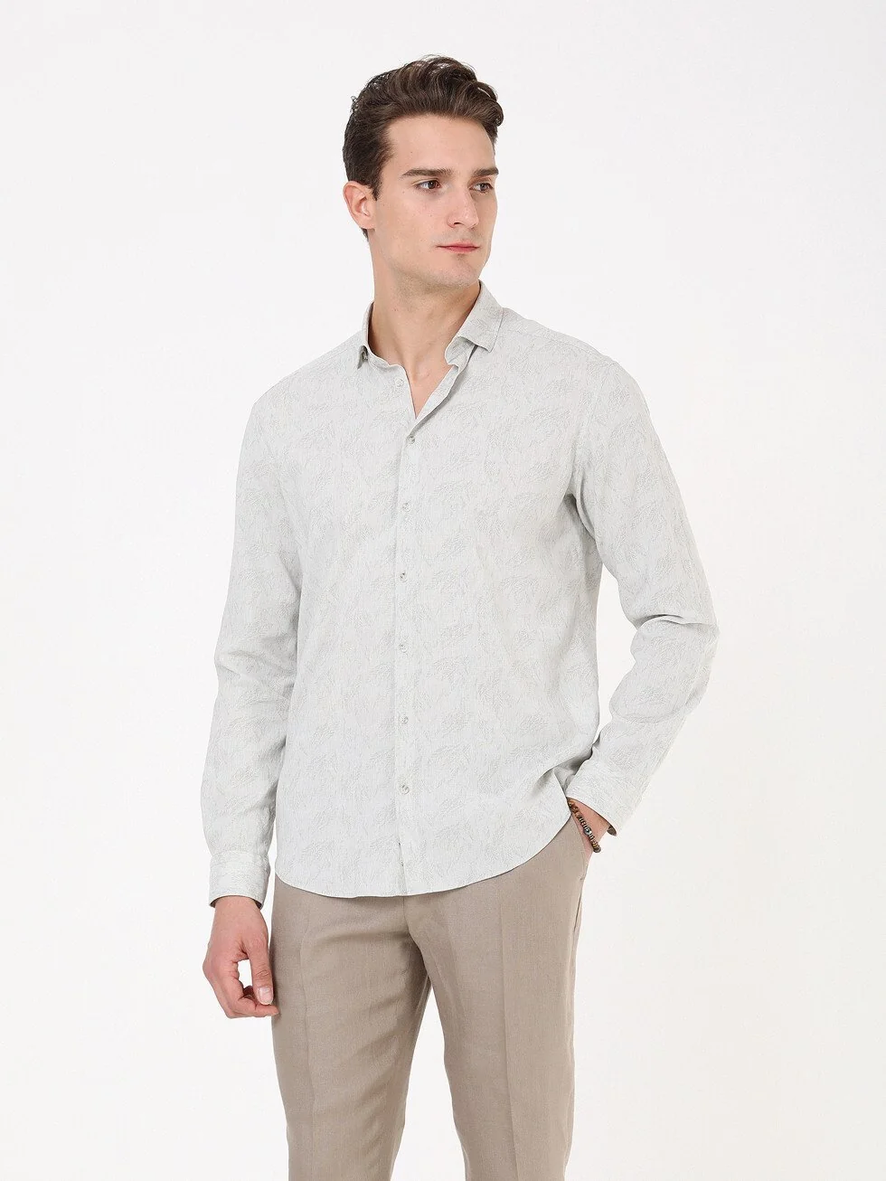 Açık Haki Desenli Regular Fit Dokuma Casual Pamuk Karışımlı Gömlek - 1